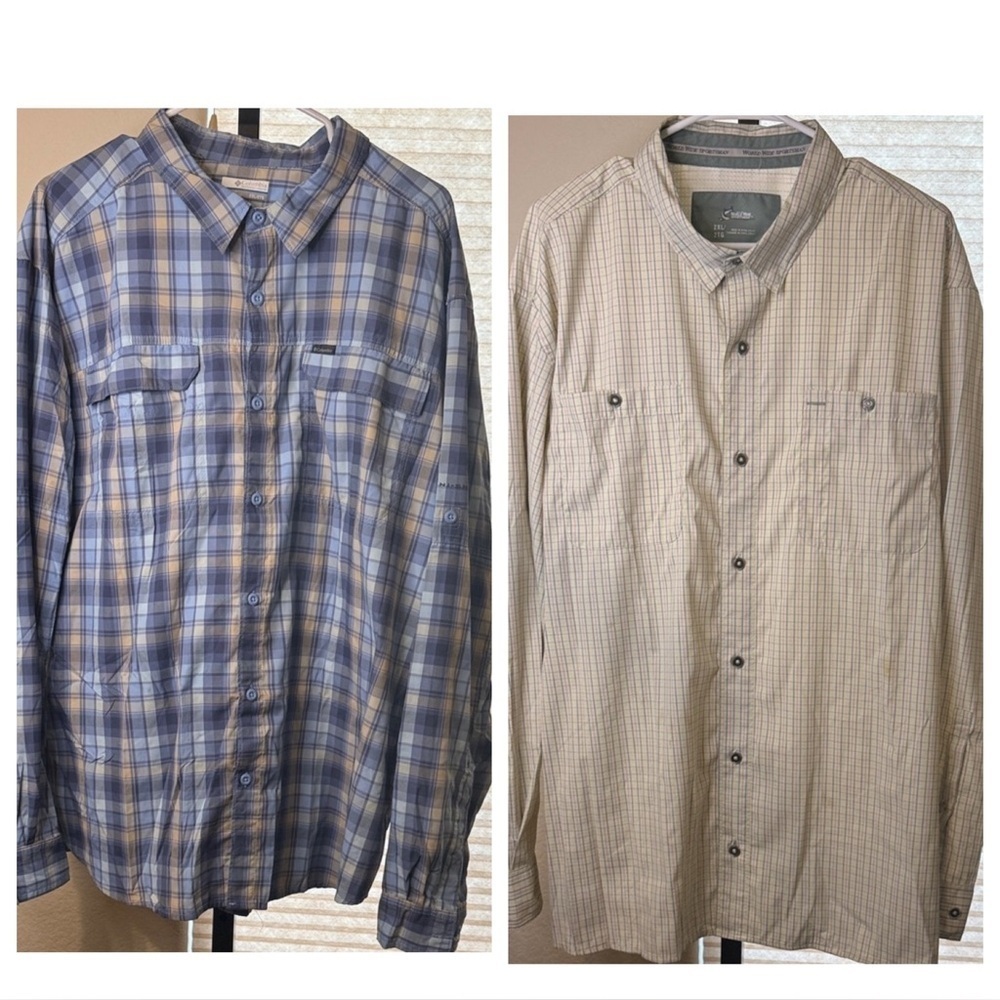 Closet Cleanout Columbia Blue and Tan Plaid Shirt & Bass Pro White Plaid